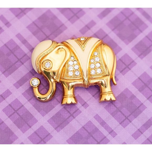 Vintage Gold Tone Decorative Elephant Rhinestones Brooch by K.J.L Avon - V11 - Picture 1 of 2